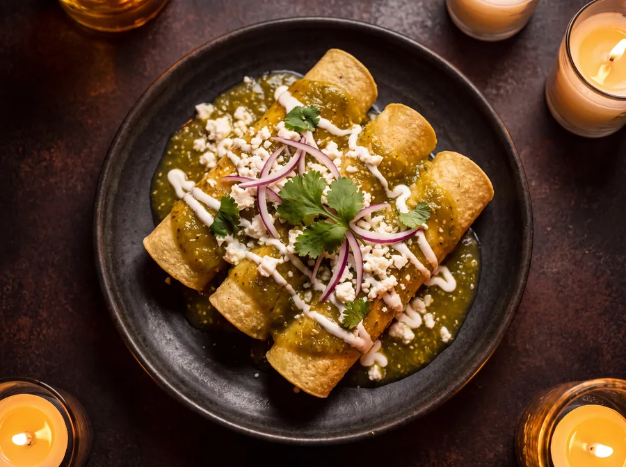 Enchiladas verdes bañadas en salsa de tomatillo con queso y crema