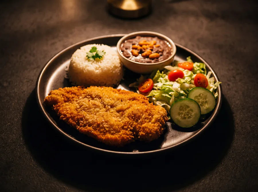 Milanesa empanizada con arroz y frijoles
