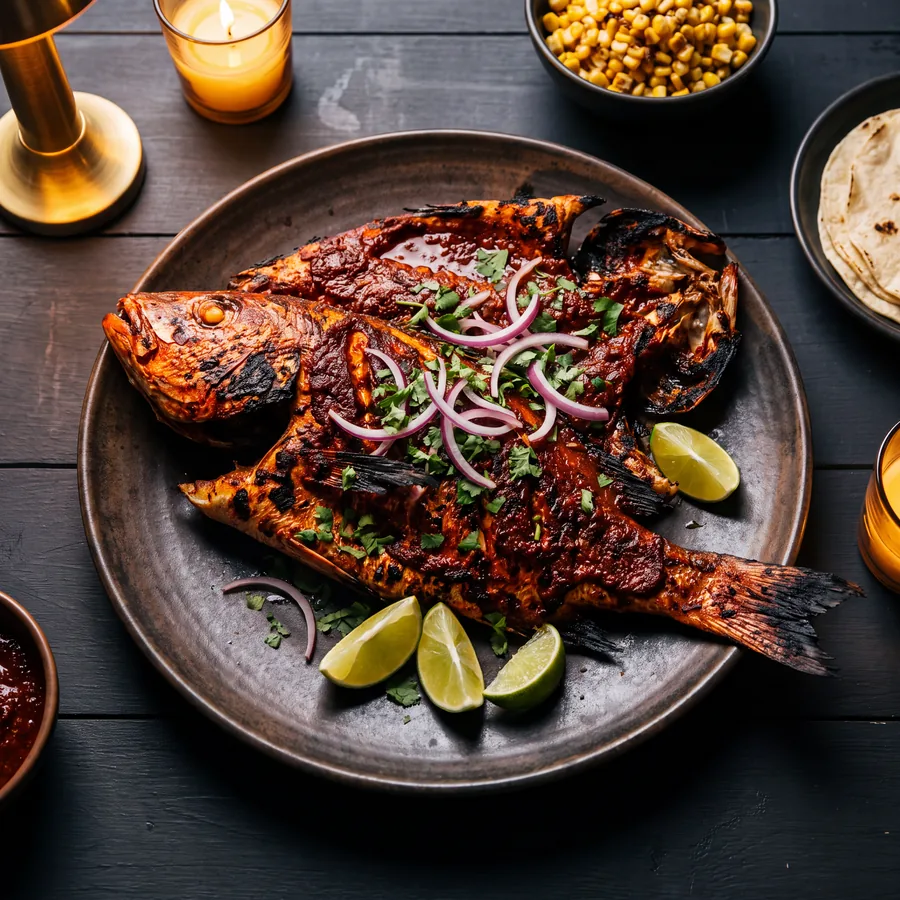 Pescado a la talla entero bañado en adobo rojo