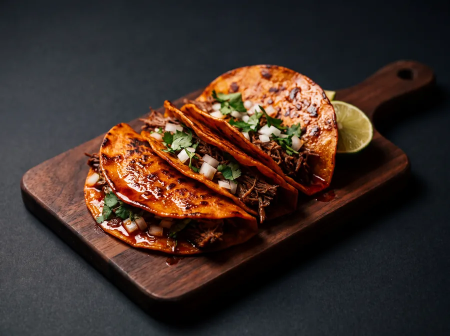 Tacos de birria dorados con cebolla y cilantro