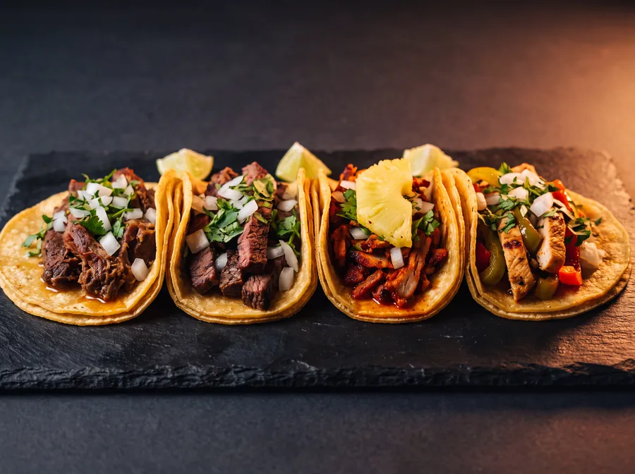 Tacos surtidos de suadero, asada, al pastor y fajita en tortilla de maíz