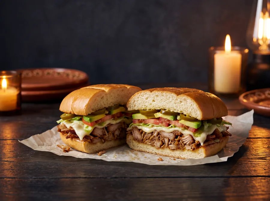 Torta mexicana partida a la mitad mostrando el relleno